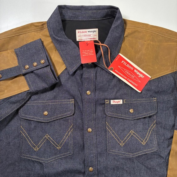 NEW Filson Wrangler Western Shirt 2XL Wax Tin Cloth Denim Pearl Snap Adventure
